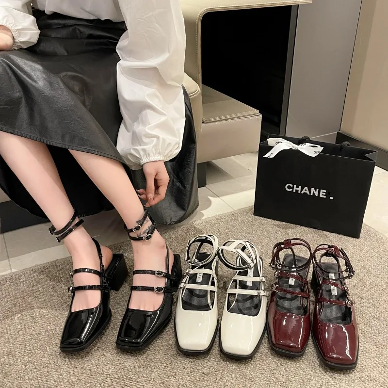 Women Fashion Single Shoes Spring New Retro Small Leather Shoe Square Headed Mary Jane Shoes Soft Sole Lace Up Sandals