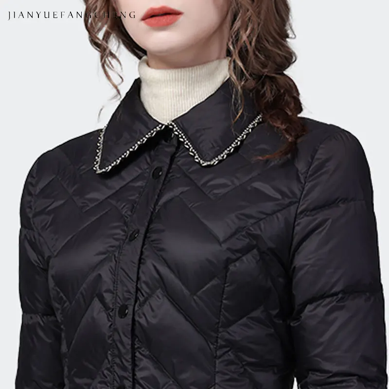 Women Winter Black Slim Short Down Jacket Pointed Collar Beads Deco Warm Lightweight Duck Down Padding Coat With Detachable Belt