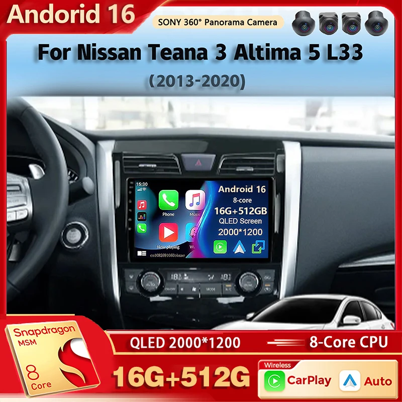 Radio Multimedia para Auto con Android 16 y Qualcomm para Nissan Teana 3 Altima 5 L33 2013-2020, Auto Carplay, Estéreo para Auto, DSP, Voz Ai