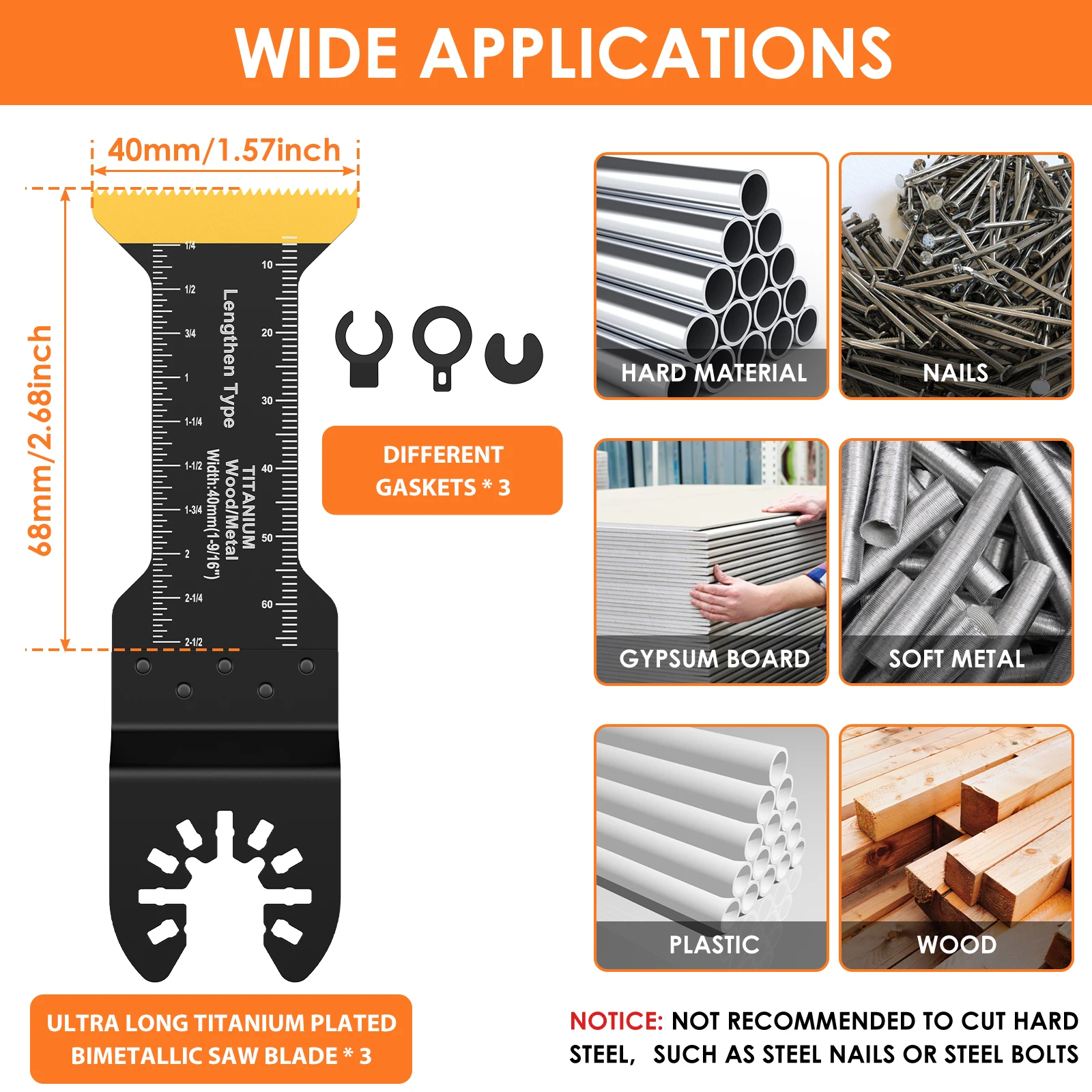 3Pcs Extra-Long Titanium Bi-Metal Oscillating Saw Blade Set Multifunctional Multitool Blades Universal Cutting Oscillating Blade