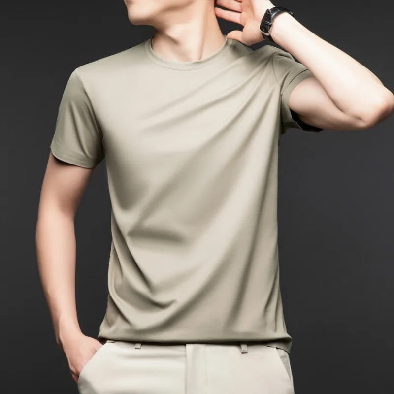 Luxurious Man Mulberry Silk T-shirts Anti Wrinkle Seamless Elastic Tee Tops Breathable Soft High End