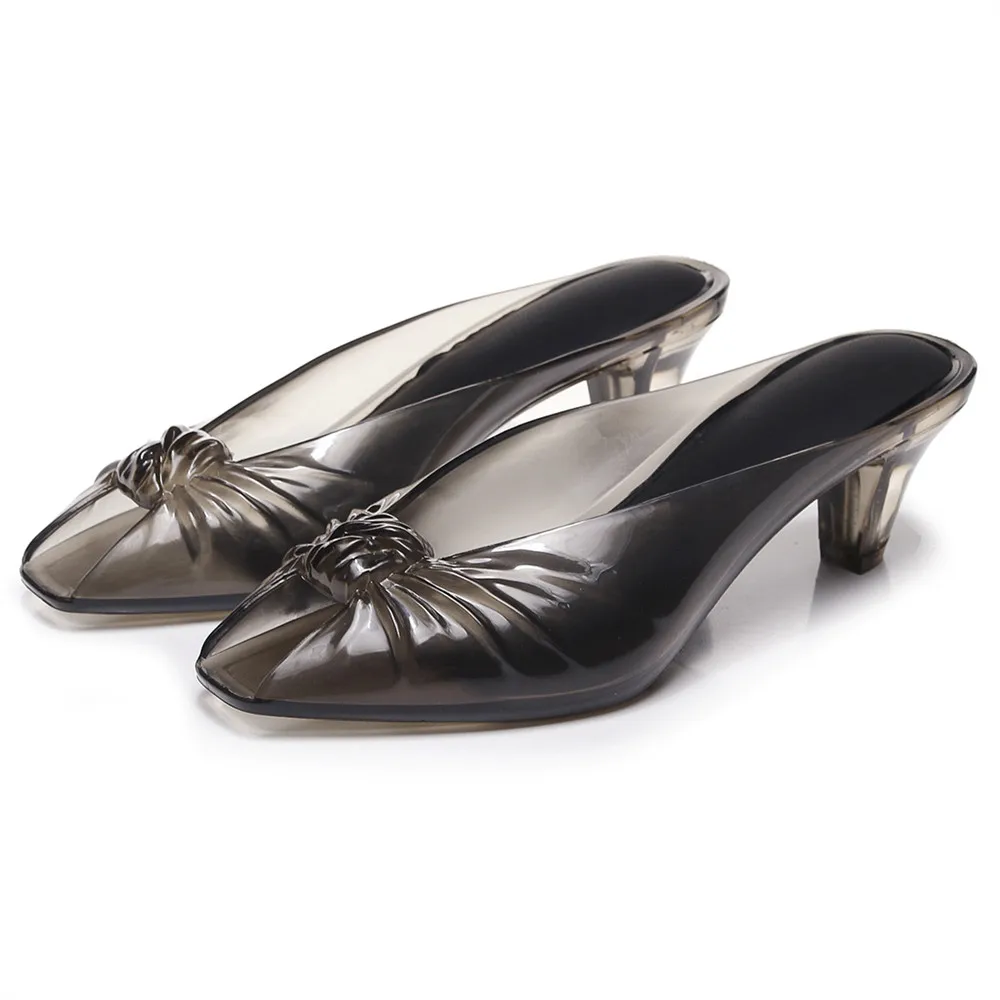 Summer Women Smoky Gray Jelly Mules Knotted Front Peep Toe Transparent Clear Mid Heel Slip On Slides Casual Beach Party Sandals view 2