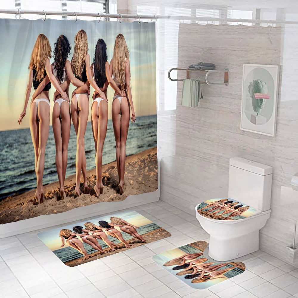 Sexy Beach Girl Bath Curtains lovely Girl Bathroom Shower Curtain Set With Non-Slip Rug Toilet Seat Cover Bath Mats