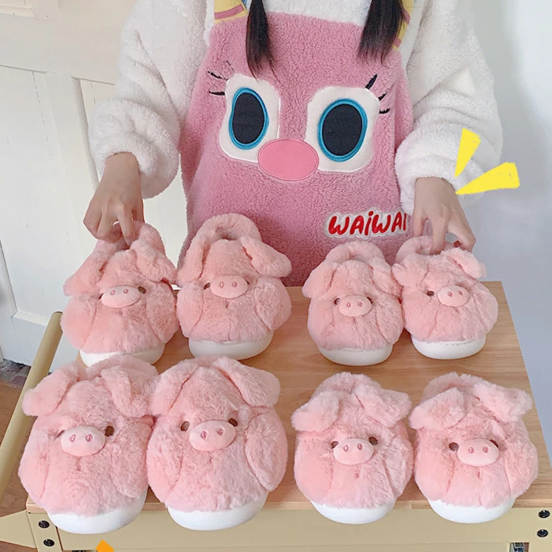 Women's Autumn Winter Fun Pink Cartoon Parent-Child Plush Cotton Slippers for Indoor Anti-Slip Warm Fuzzy Shoes for Men Women