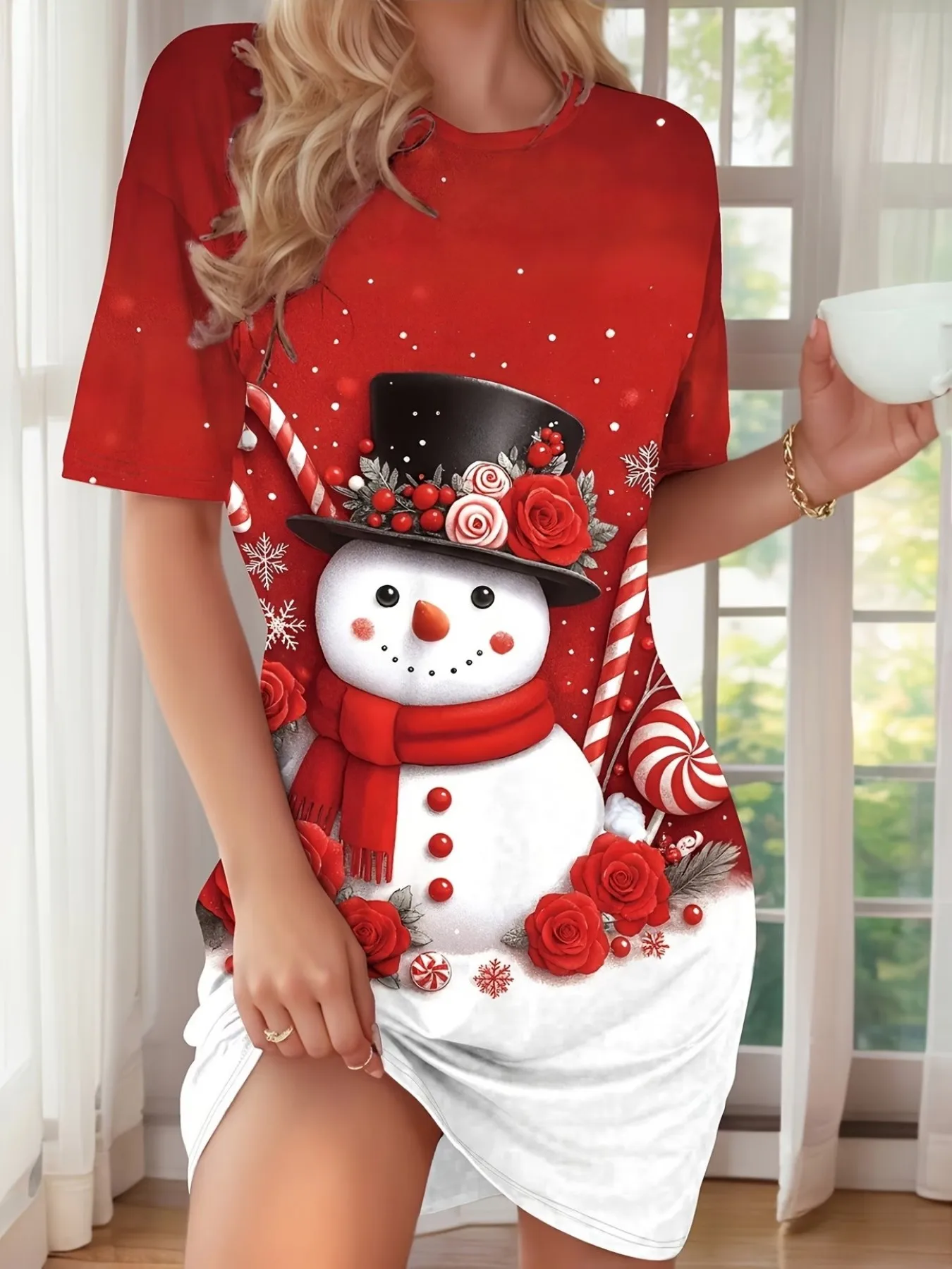 Festive Red Background Christmas Snowman, Flowers, Candy Cane Print, Women's Casual Loose Mid-Length Home Pajama Dress