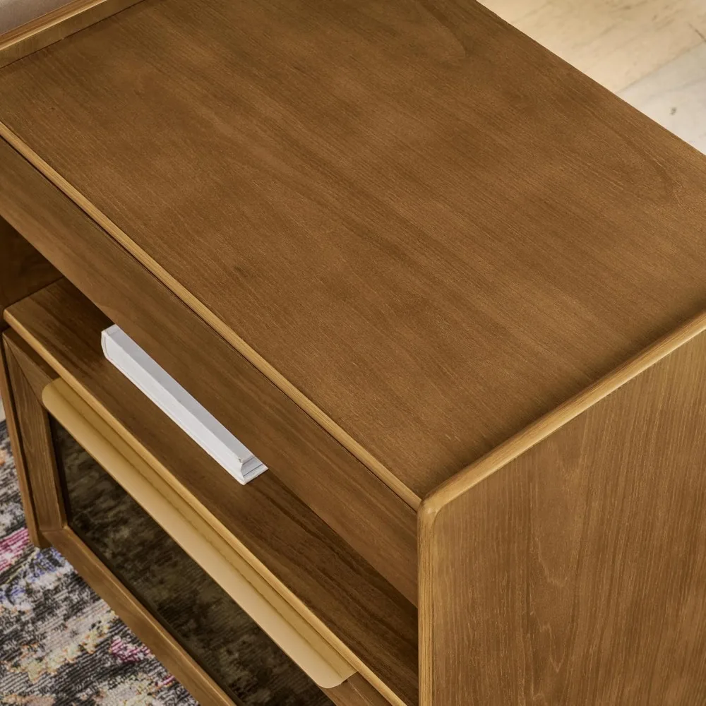 منضدة محطة شحن على الطراز الحديث لمنتصف القرن، طاولة نهاية المزرعة مع مخرج، درجين، رف مفتوح، أدراج زجاجية f #6