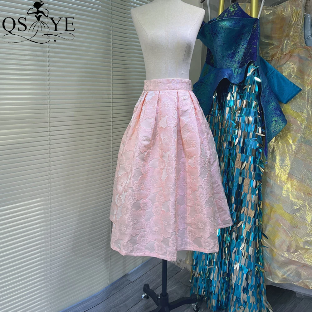 

Jacquard Pink Floral Long Prom Dresses A line Overskirt Women Overlay Flower Pattern Satin Evening Gown Skirt Maxi Party Dress