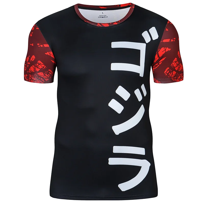 

Men's High Quality Black Compression Shirt Eye Catching Red and White Design For Fitness Enthusiasts