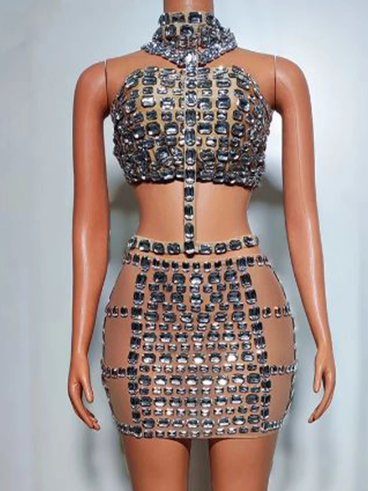 High Quality Hot Diamond Sexy Hanging Neck Top And Short Skirt Set 2024 New Customized Fashionable Women'S Clothing