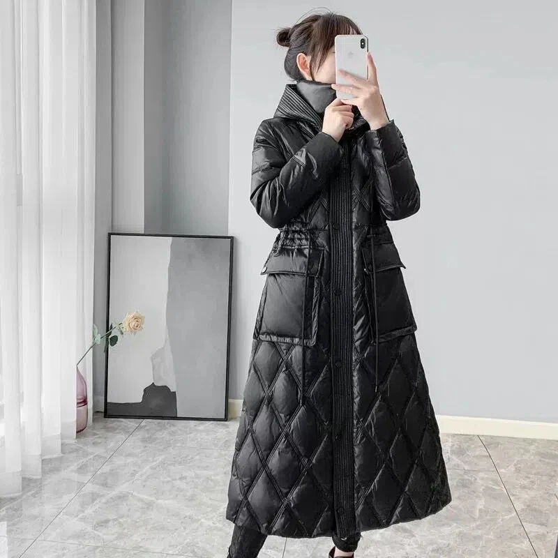 High-end Fashion Down Jacket Women Winter 2022 New Korean Slim White Duck Down Coat Female Large size Thick Long Hooded Parkas