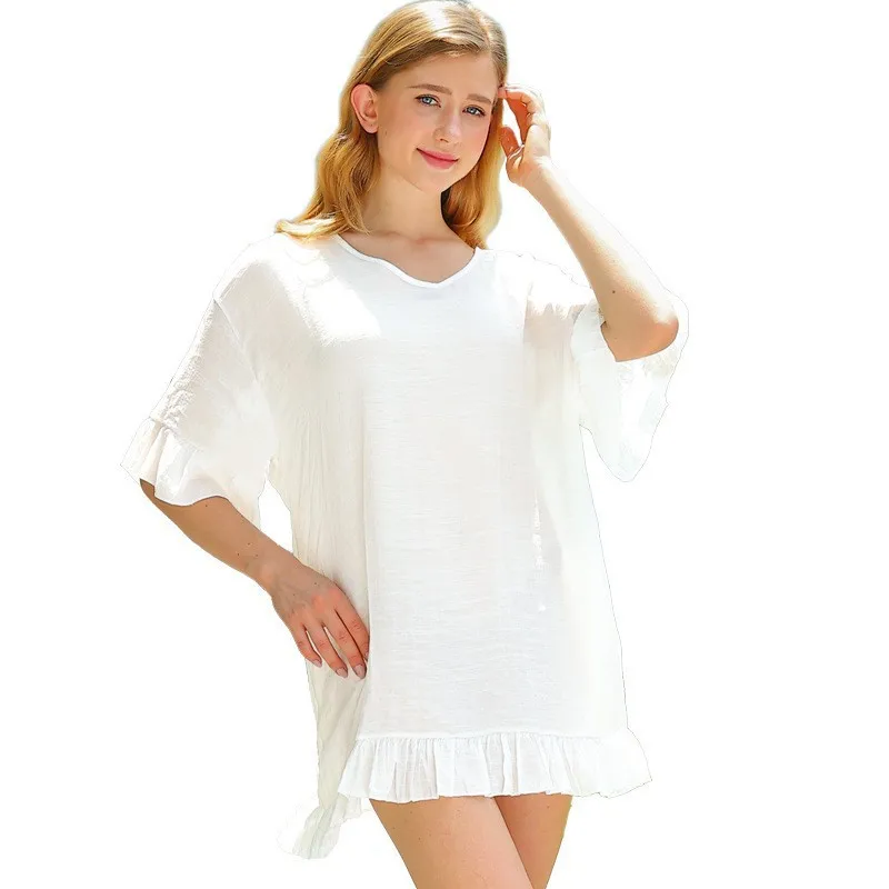 Vacation Style Cover Up White Blouse Solid Color Loose V Neck Ruffled Fly Sleeve Women Bikini Cover Up Sun Protection Shirt Tops