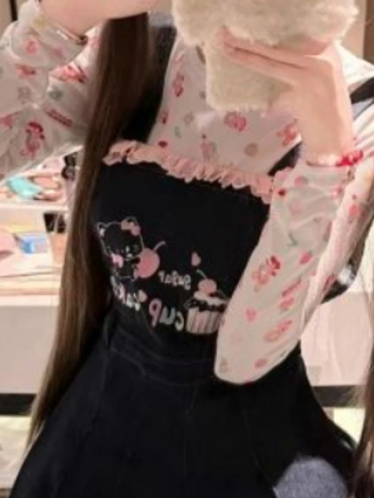 Conjuntos japoneses de dos piezas para mujer, camiseta bonita Kawaii con estampado de dibujos animados + vestidos con tirantes Grunge de retales de encaje estético Y2K