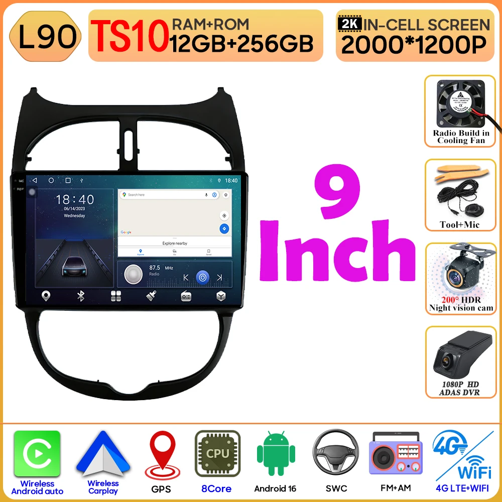 Android 16 autoradio voor Peugeot 206 206CC 1998-2012 autoradio Bluetooth 4G Wifi GPS navigatiescherm draadloze Carplay monitor