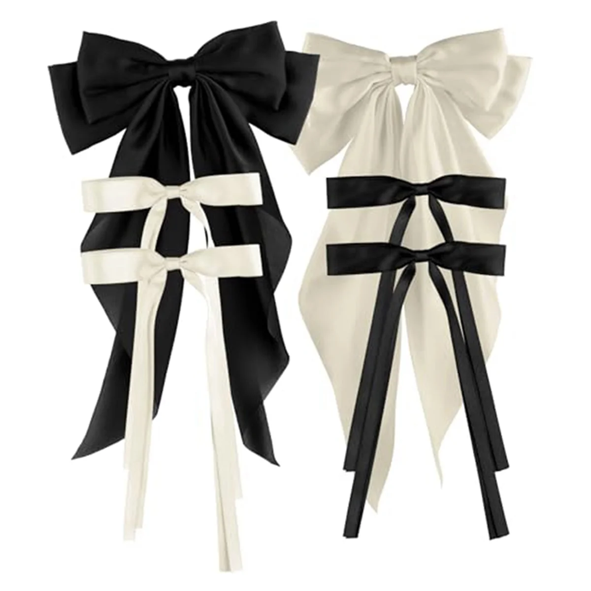 6 Pcs Hair Bows for Women, 4 Small + 2 Large Size Hair Ribbon with Long Tail Bowknot Hair Clips