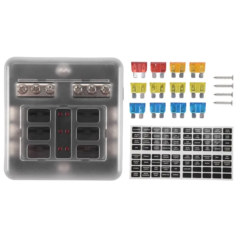 A13F-6-Way Waterproof Fuse Block,With LED Indicator 12 Circuits With Negative Marine Fuse Box For Dc 12/24V Car Boat RV Truck