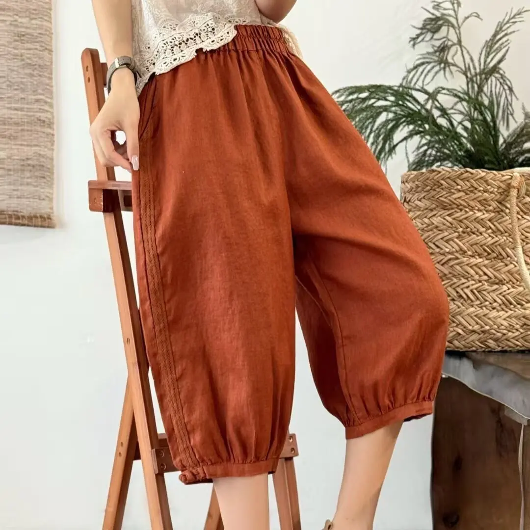 Summer Cotton Linen Loose Lantern Pants Women's Simple Versatile  Color Shorts Large Size Retro Five-Point Harlan Pants