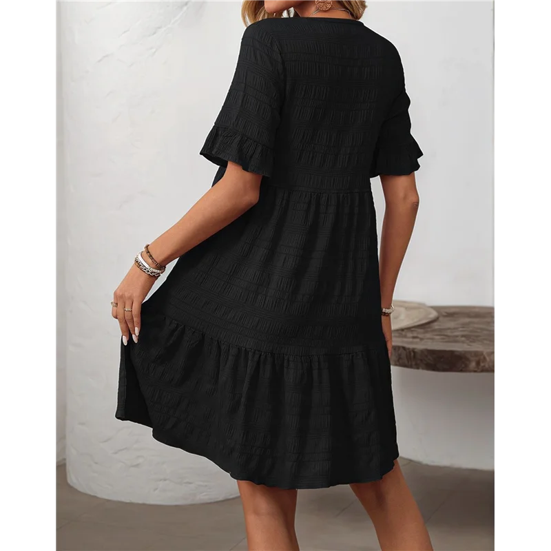 FX-Vestiti estivi da donna 2025 Manica a sbuffo Girocollo Vita alta Smocked A-Line Abito longuette fluido e ampio