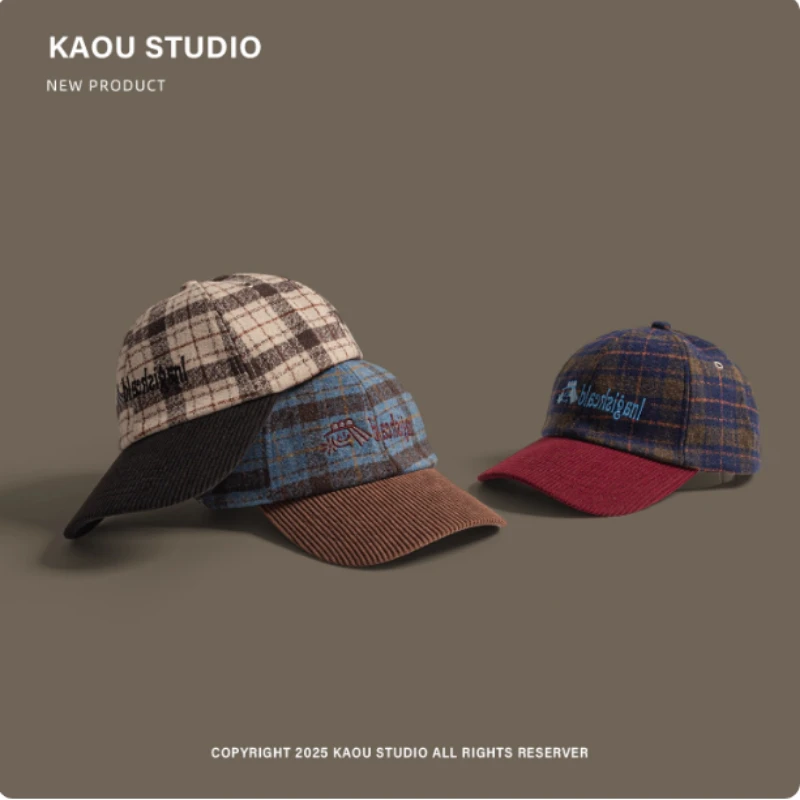 Japanese Woolen Corduroy Spliced Plaid Baseball Caps Men's and Women's Autumn and Winter Niche Trend Warm Adjustable Hip-hop Hat
