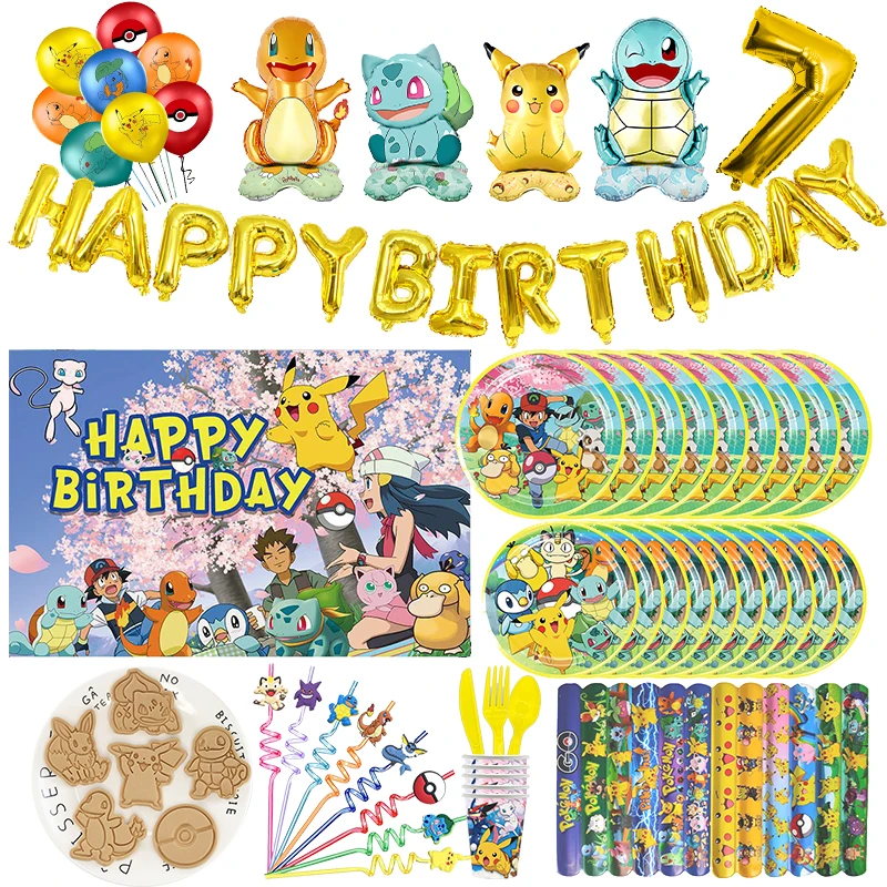 Pokemon Birthday Party Decorations Pikachu Foil Balloons Disposable Tableware Backdrop Cake Stand Toy For Kid Boy Party Supplies