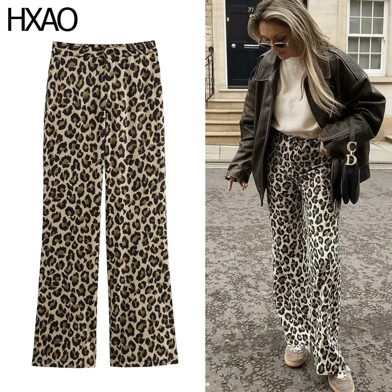 

HXAO Leopard Pants Women High Waist Animal Print Pants Woman Trousers 2024 Korean Style Ladies Pants Summer Wide Baggy Pants