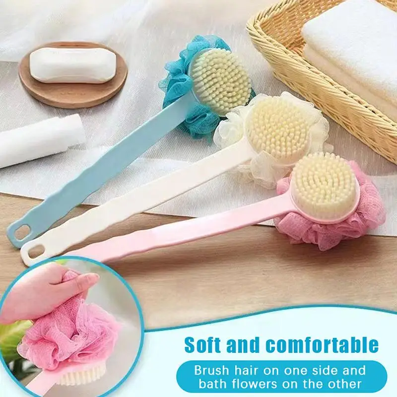 Soft Loofah And Bristles Bath Body Brush For Women And Men - Curved Long Handled Shower Brush For Body, Face, And Spa Washing