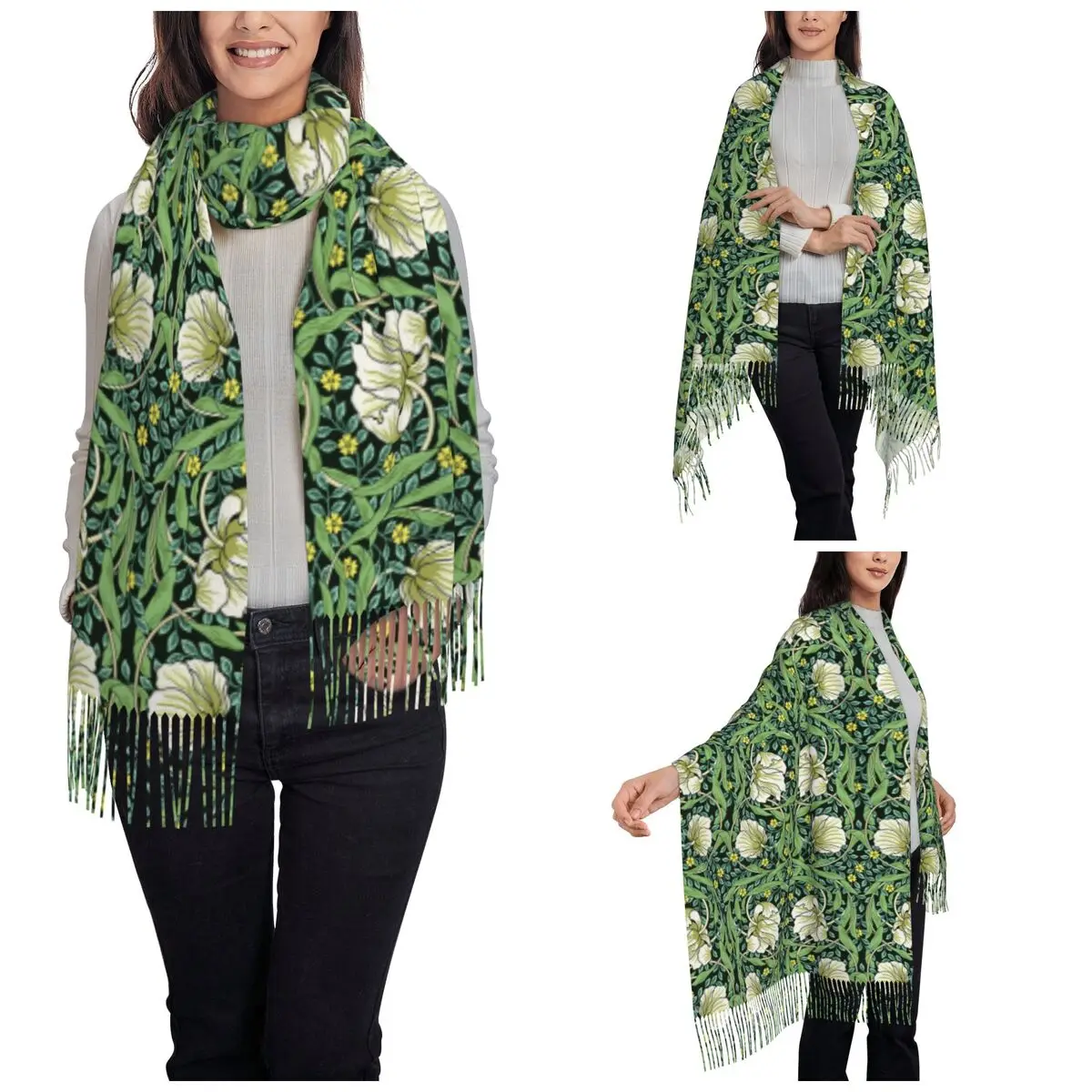 Womens Scarf with Tassel William Morris Long Super Soft Shawl and Wrap Green Daily Wear Cashmere Scarf