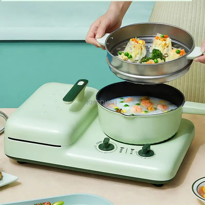 220V Non-stick Electric Waffle Maker Household 4 In 1 Sandwich Machine Frying Pot With Steamer Removable Plate For Breakfast