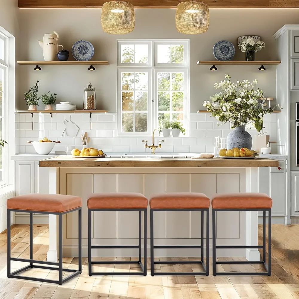 

Brown Leather Bar Stools Set of 4, Counter Height Barstools Kitchen Chairs, 24 inch Counter Stools