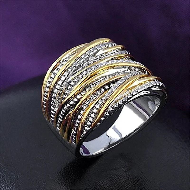 Ofertas Micro Inlaid Zircon Winding Multilayer Gold Color Geometric Irregular Two-tone Ring for Women Party Jewelry Accessories