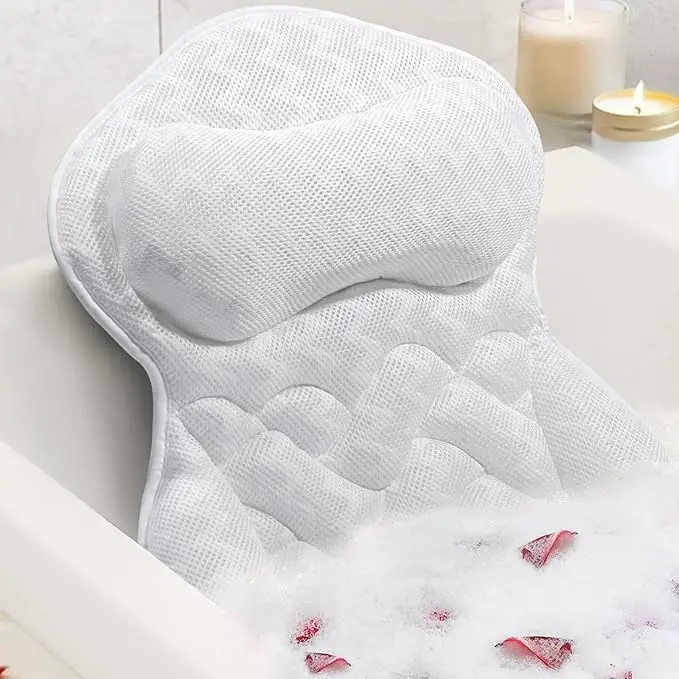 

Bath Pillow for Tub with Neck and Back Support, 4D Mesh Fabric Strong Suction Cup Relaxing Headrest for Bathtub Spa
