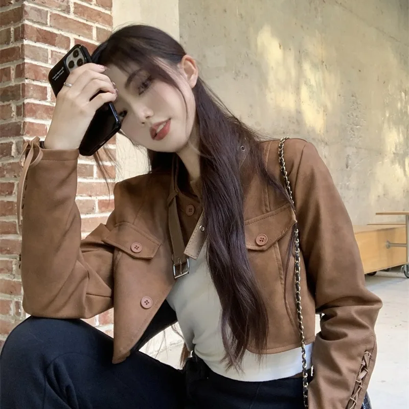 Chuanxi Travel Vintage Brown PU Leather Jaet Long Sve ort Motorcycle Sle Women's Top round Ne Button Closure