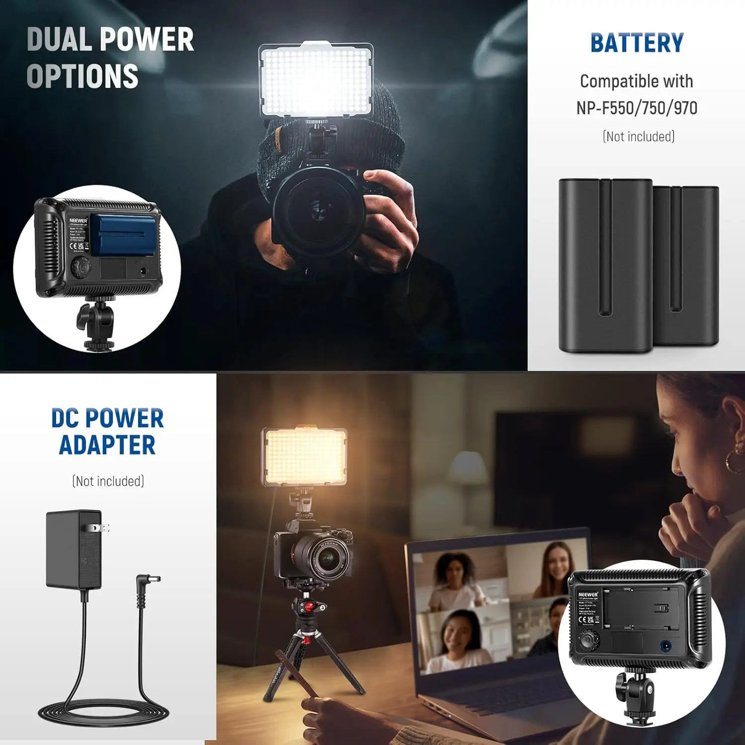 2PCS Camera HD 176 LED Video Light Lamp 11W 1320LM 5600K/3200K Dimmable for Canon Nikon Pentax DSLR Camera Video Camcorder