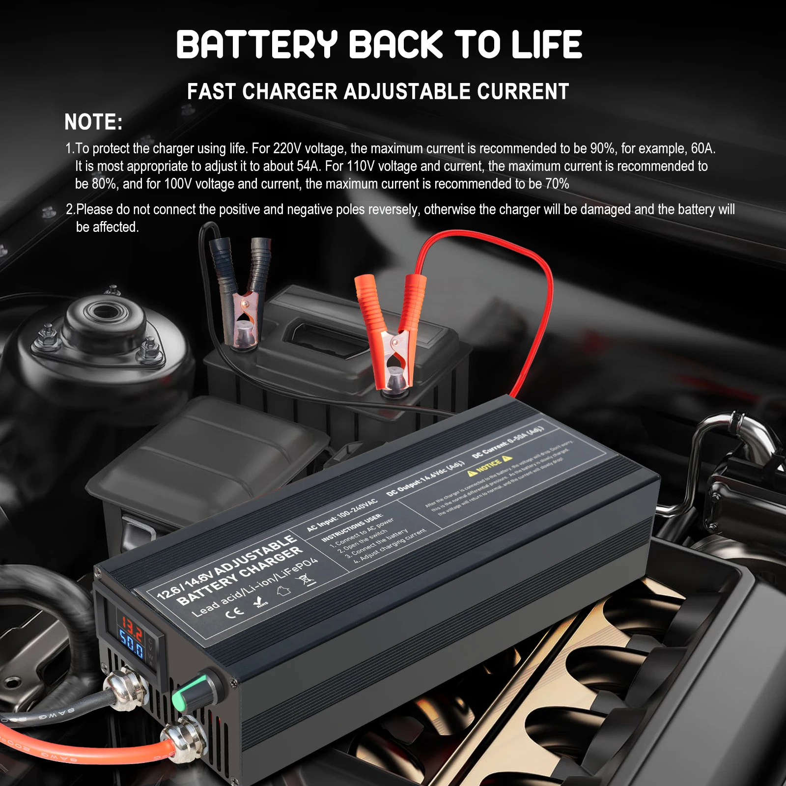 12V Lifepo4 Charger 12.8V/14.6V 60A 100A Battery Charger 100A Fast Charger 100V-220V Current and Voltage Dual Display Adapter