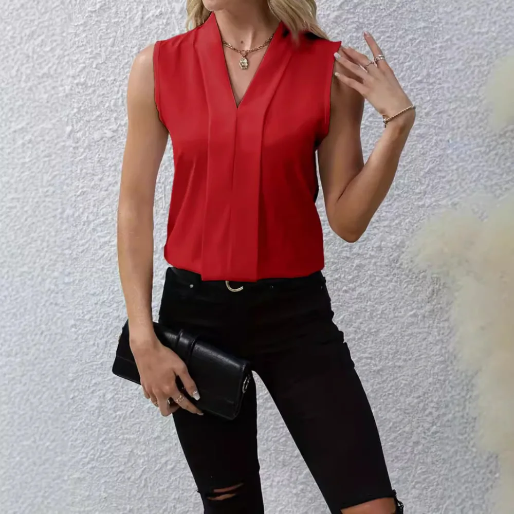 Slim Fit Women Sleeveless Blouse V Neck Elegant Tank Top Summer Solid Color Casual Office Basic Shirt Fashion Chic Camisole