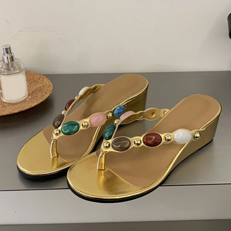 

Liyke Bohemian Style Colour Gem Strap Designer Slides Women Clip Toe Wedge Slipper Summer Beach Party Shoes Low Heels Flip Flops