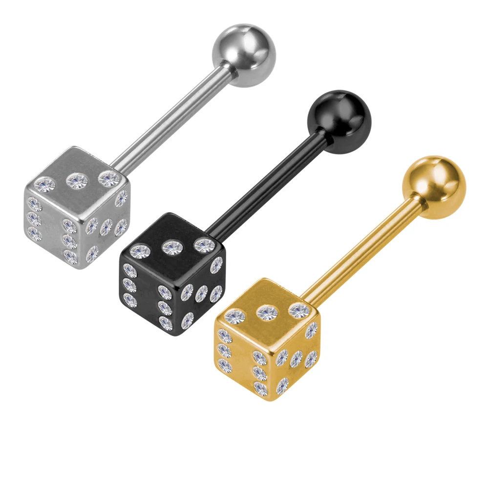 HONGTU 1pc Lucky Dice Tongue Piercing Barbell CZ Crystal Tongue Rings  for Women Surgical Steel Sexy Piercings Fashion Jewelry