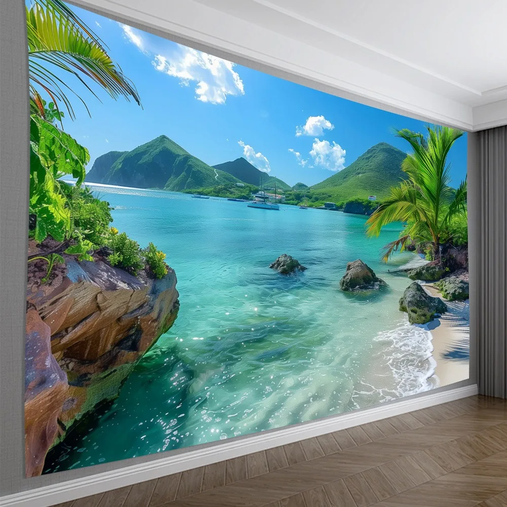 Tropical Lsland Beach Ocean Scenery Tapestry For Living Room Bedroom Decor Palm Tree Seascape Wall Tapestry Home Decoration
