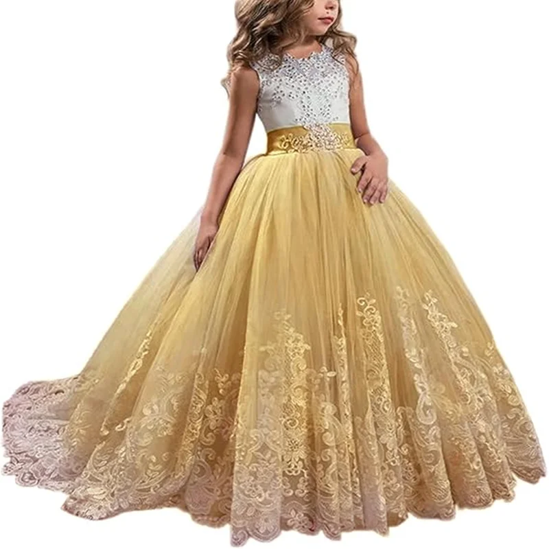 

Girls Sleeveless Beaded Bodice Tulle Ball Gown With Gold Belt And Lace Trim Train Design Formal Occasion Wedding Flower Girl Bir