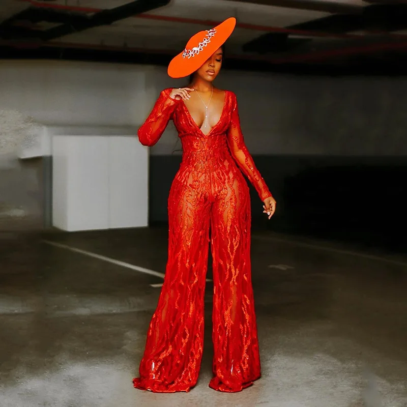 Spring Summer 2025 Women's Wi One-Piece Pants Deep V Bright Red Wide Leg Pants Gold Drip Commute Sle Polyester Fiber