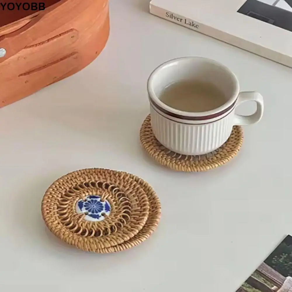 

Плетение из ротанга, вьетнамская керамическая подставка из ротанга, теплоизоляционный коврик ручной работы для чашки, ретро нескользящий коврик для чашки для напитков, ремесло