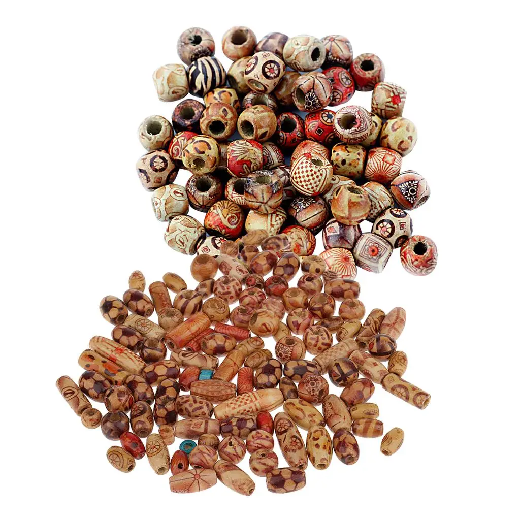 200 Pieces Mixed Large Hole Ethnic Pattern Stringing Wood Beads Jewelry Charms Findings