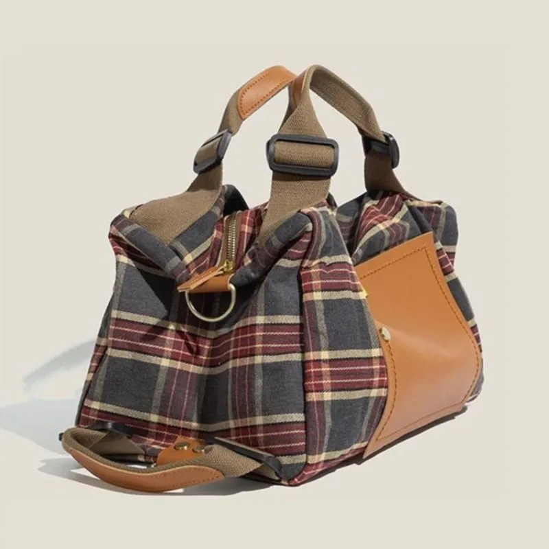 Retro Burgundy Plaid Handbag Women School Style Large Capacity Shoulder Backpack Convertible Bag Ladies Fashion Mochilas Mujer