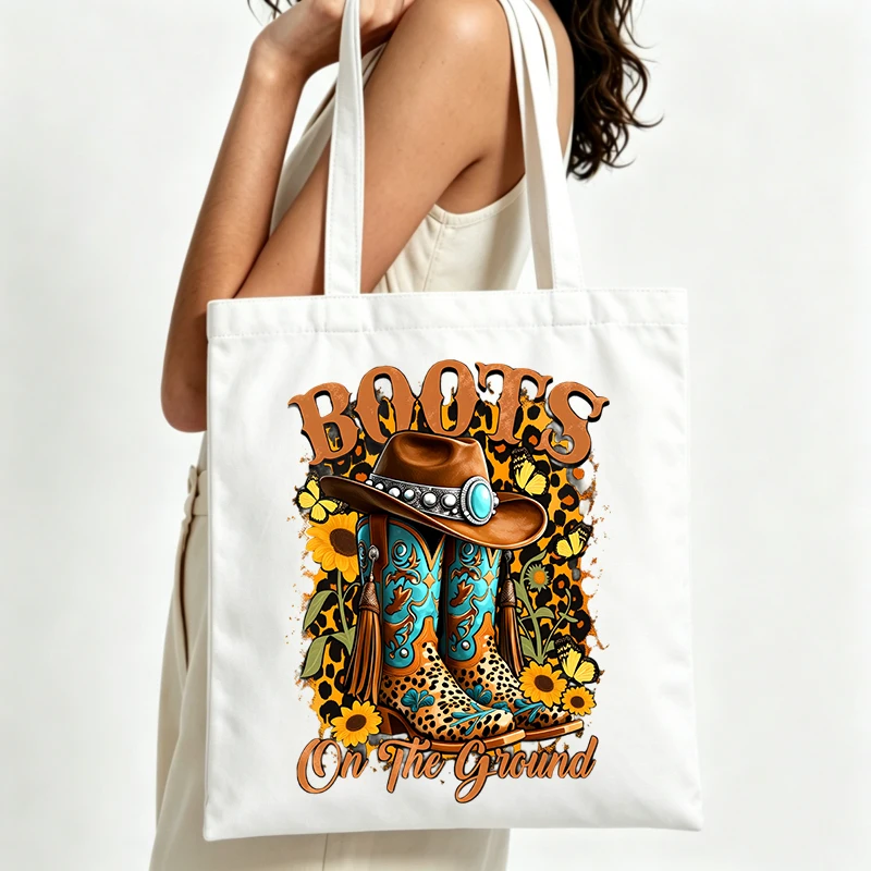 western style graphic canvas tote bag with sunflower and cowboy boot print, perfect for casual shopping and daily use