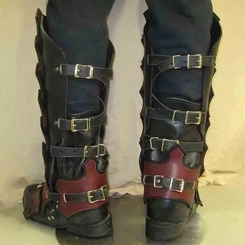 Armadura de pierna de cuero PU para hombre, traje de caballero Vikingo, disfraz de Larp Medieval, gótico, Greaves, Cosplay, cubierta de botas de jinete