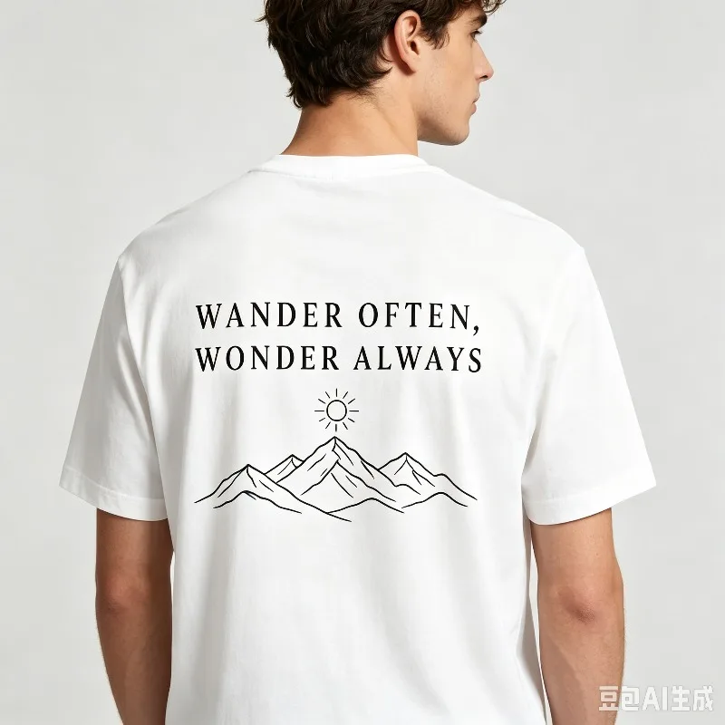 “WANDER OFTEN, WONDER ALWAYS” Mountain Line Art T-Shirt Men’s Nature Print Soft Modal Crewneck Tee Casual Top
