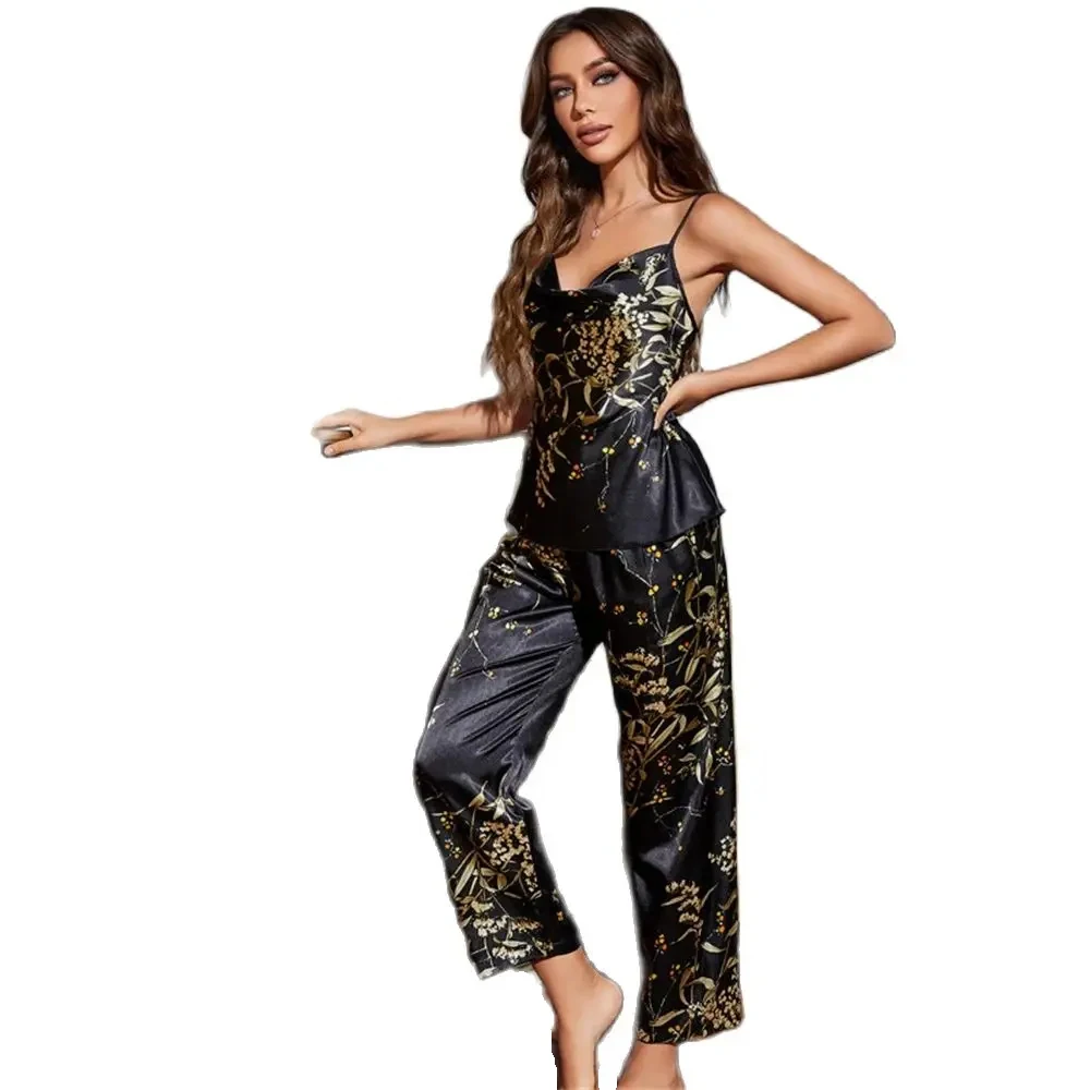 

Women Two-piece Sling Pants Pajamas Set Summer Cherry Print Casual Pyjamas Suit Sexy Silky Satin Sleepwear Nightwear Loungewear