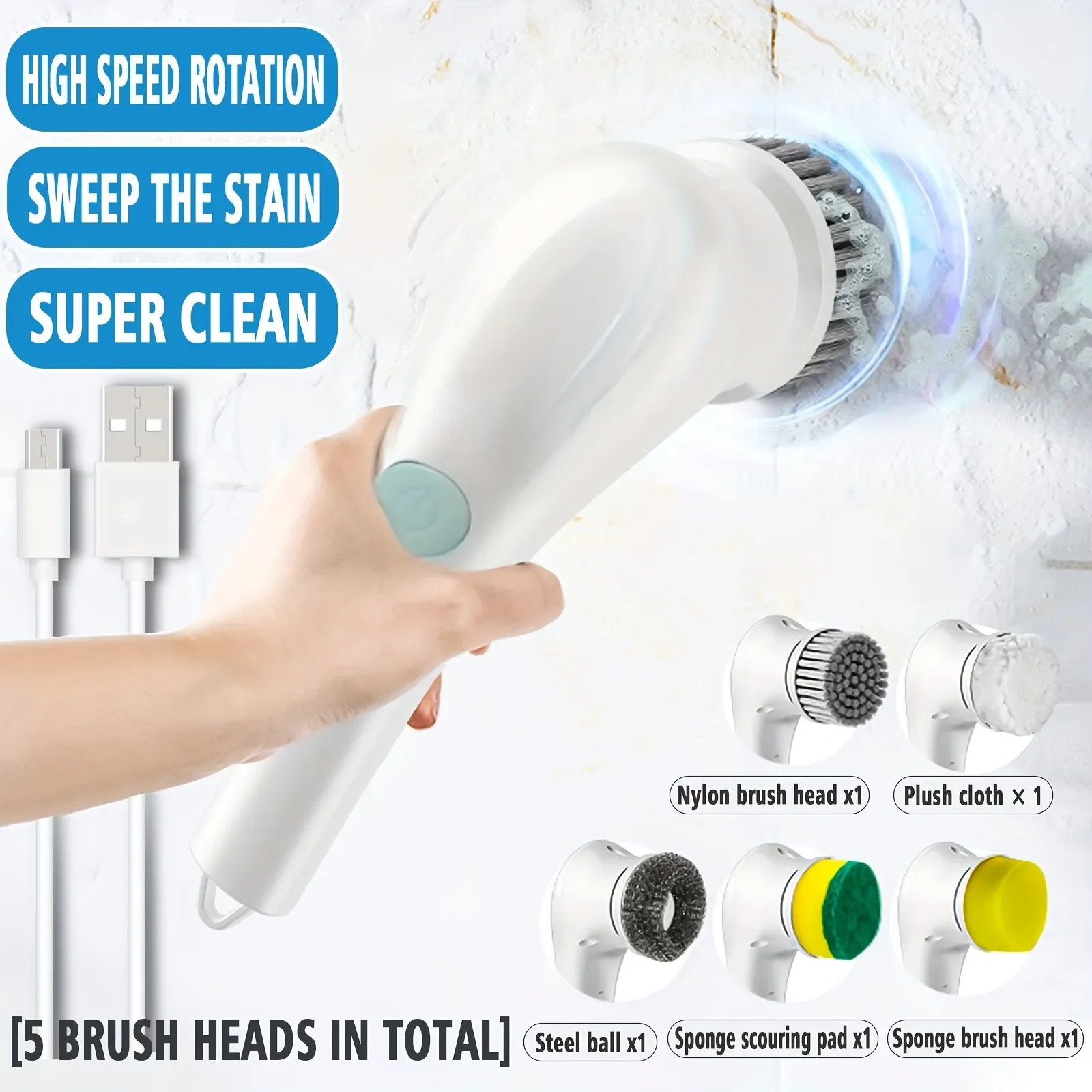 

5-in-1Multifunctional Electric Cleaning Brush usb charging Bathroom Wash Brush Kitchen Cleaning Tool Dishwashing Brush