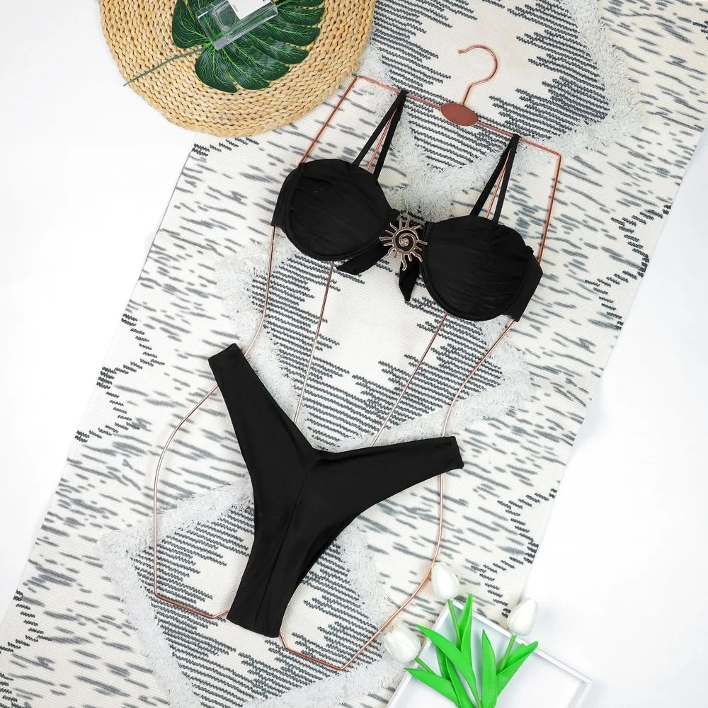 Women's Push Up Bikini Set With Underwire Bra, Two Piece Halter Swimwear, Sexy Plunge Bathing Suit With Molded Cups Brazilian2 P view 3