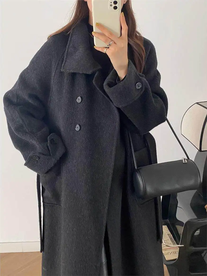 

2026 New Double-Sided Cashmere Woolen Coat Women's Stand Collar Belted Pocket-Sided Button Design Unique High-End Feeling