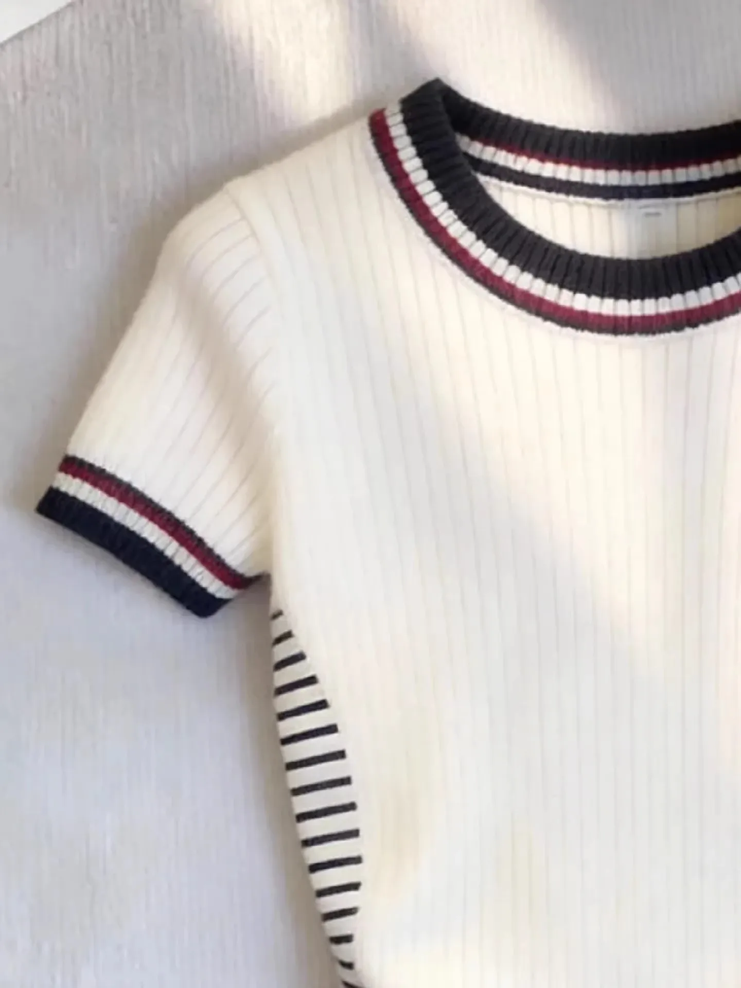 Color Block round Neck Short Sleeve Knitted T-Shirt Women's Summer Outerwear Korean Style Short Fit Base Layer Spring Autumn